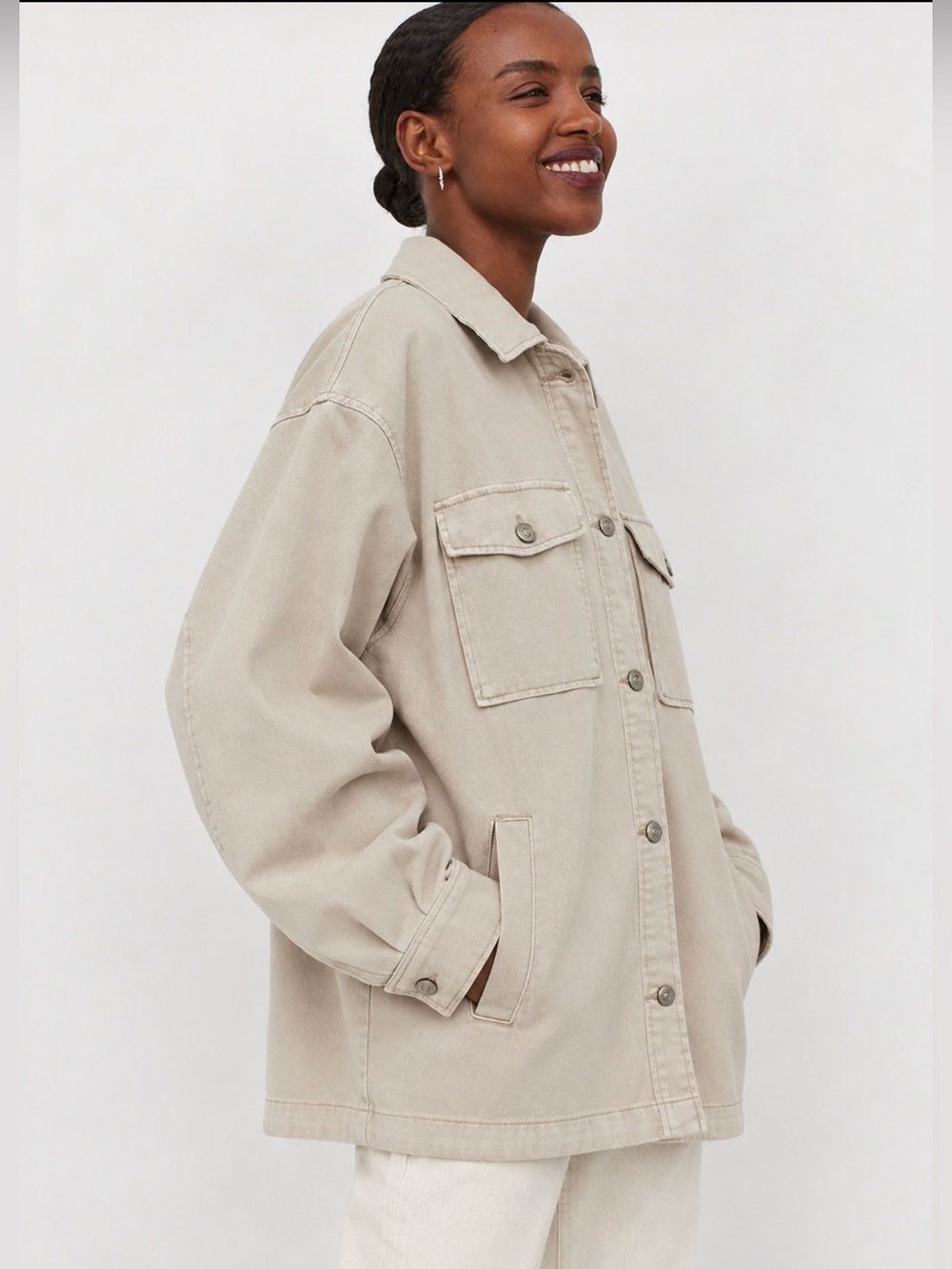 NWT H&M 100% Cotton Women’s Light Beige Oversized Denim Shacket Jacket Size XL